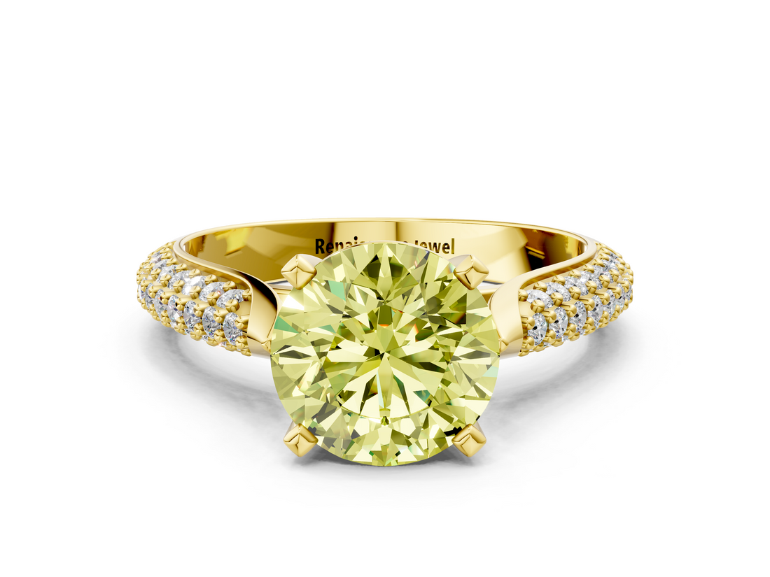 Yellow gold Fancy Yellow Round  Solitaire Pavé Diamond Engagement Ring with Four-Prong Setting