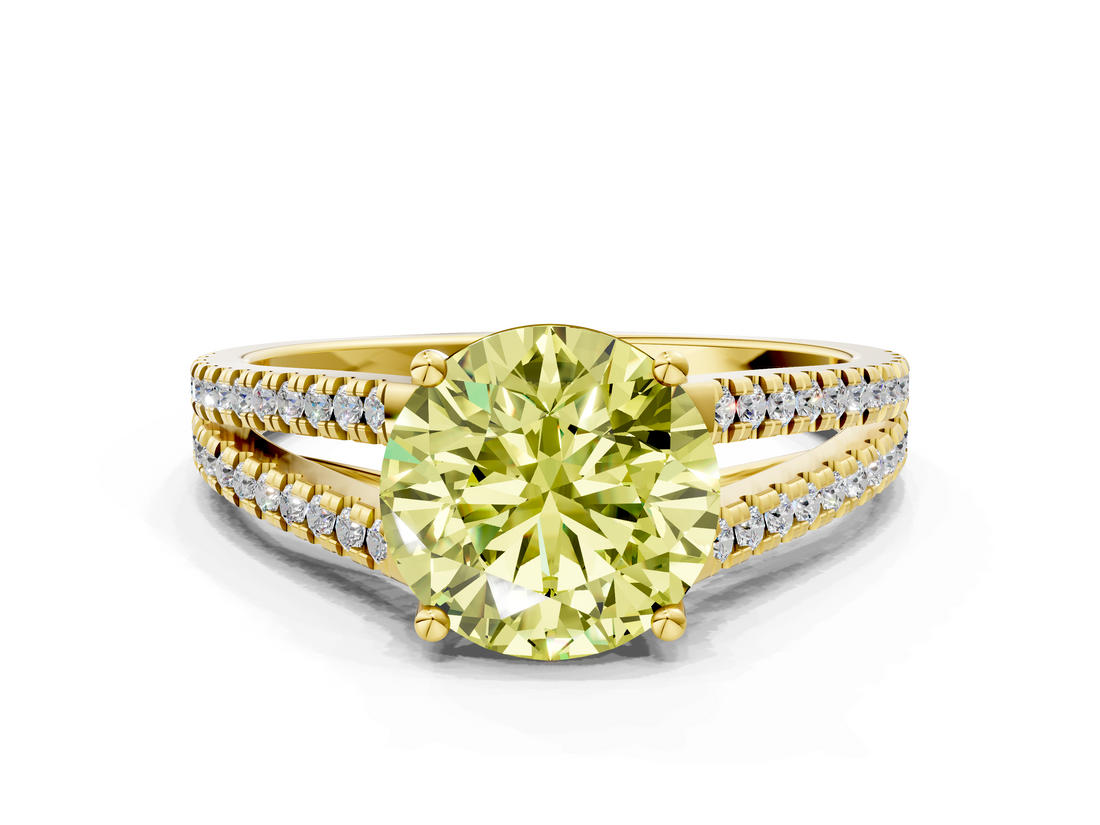Yellow gold Fancy Yellow Round  Solitaire Split Shank Pavé Diamond Engagement Ring