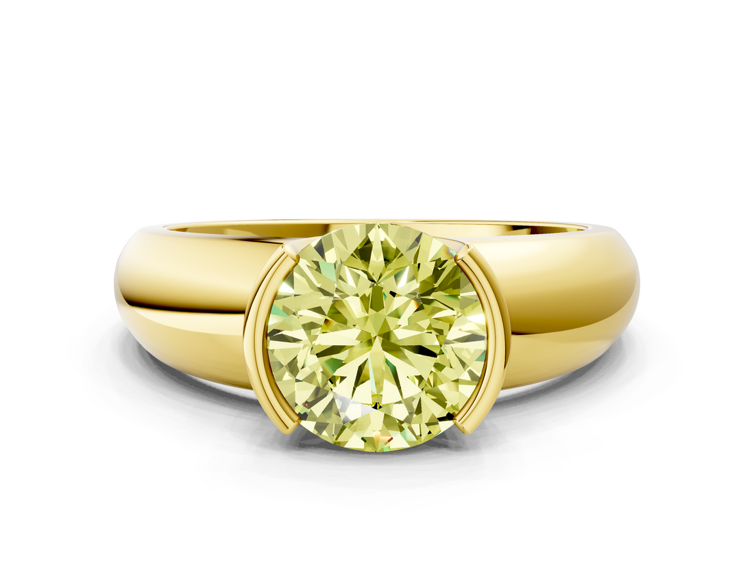 Yellow gold Fancy Yellow Round  Solitaire Tension Set Diamond Ring with Wide Band