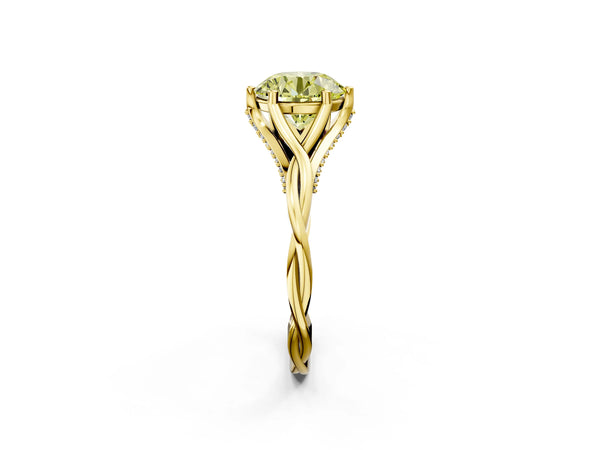 Yellow Gold Round Twisted Solitaire Engagement Ring Setting for Fancy Yellow Center with Pave Shoulders and Gallery