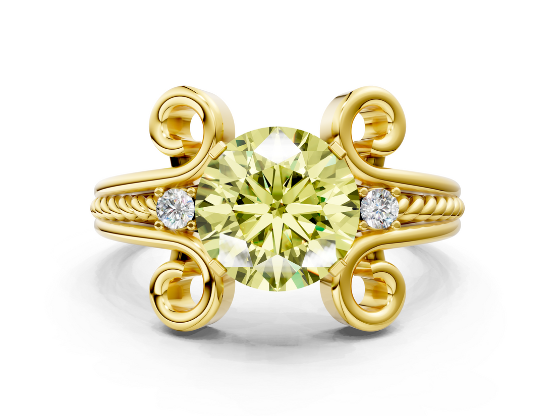 Yellow gold Fancy Yellow Round  Solitaire Twisted Band Scroll Prong Ring_3