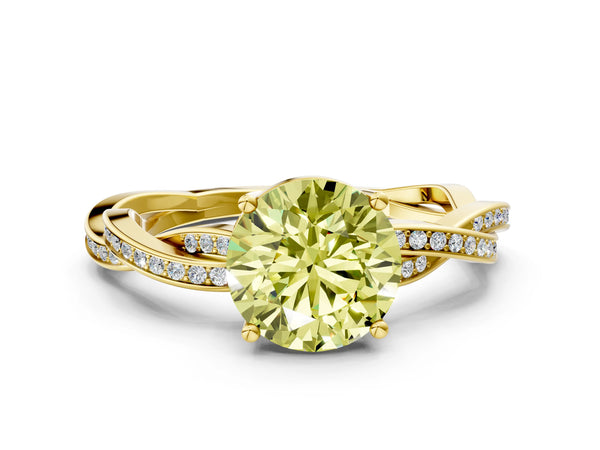 Yellow gold Fancy Yellow Round  Solitaire Twisted Pave Diamond Ring with Four-Prong Setting