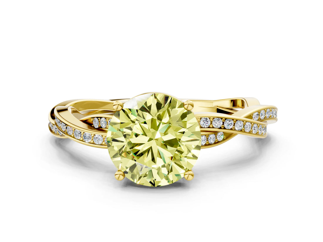 Yellow gold Fancy Yellow Round  Solitaire Twisted Pave Diamond Ring with Four-Prong Setting_126