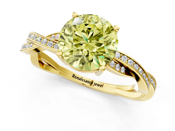 Yellow gold Fancy Yellow Round  Solitaire Twisted Pave Diamond Ring with Four-Prong Setting