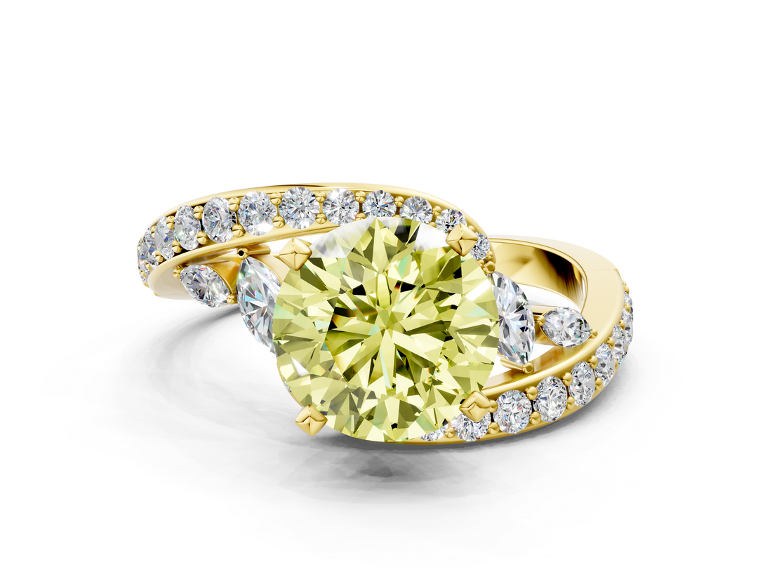Yellow gold Fancy Yellow Round  Solitaire with Pavé Twist Band and Four-Prong Setting