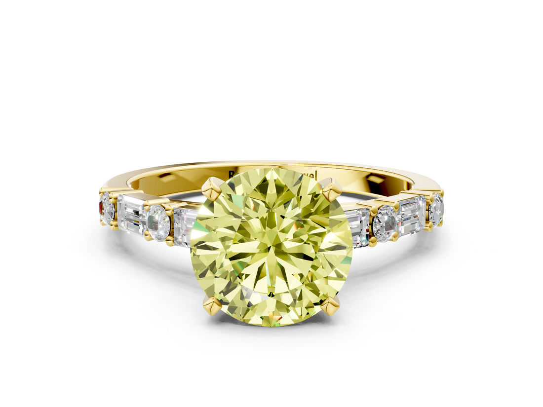Yellow gold Fancy Yellow Round  Solitaire with Side Baguettes and Channel Set Band