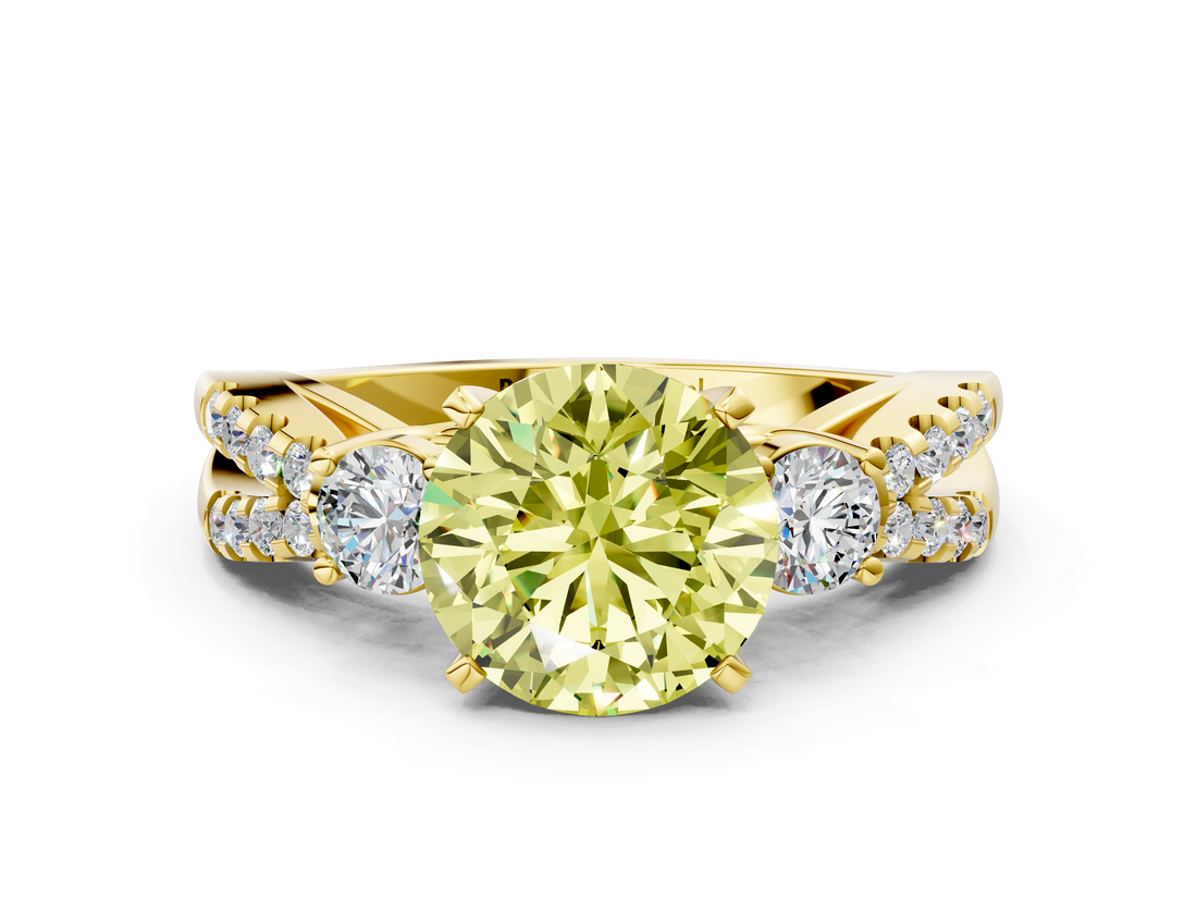 Yellow gold Fancy Yellow Round  Three-Stone Diamond Ring with Pavé Split Shank and Four-Prong Setting_17