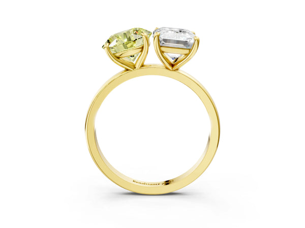 Yellow gold Fancy Yellow Round  and Emerald Cut Toi Moi Ring with Prong Setting