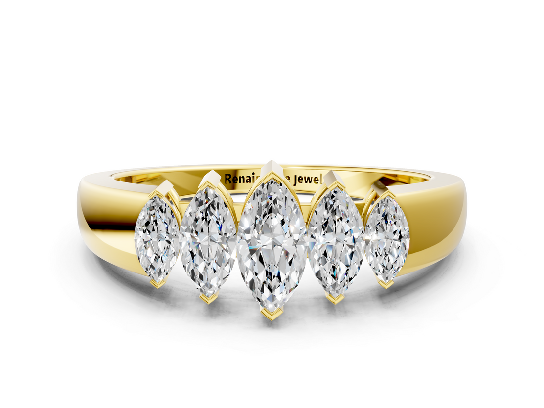 Yellow gold Five-Stone Marquise Diamond Bar Set White Gold Band_21