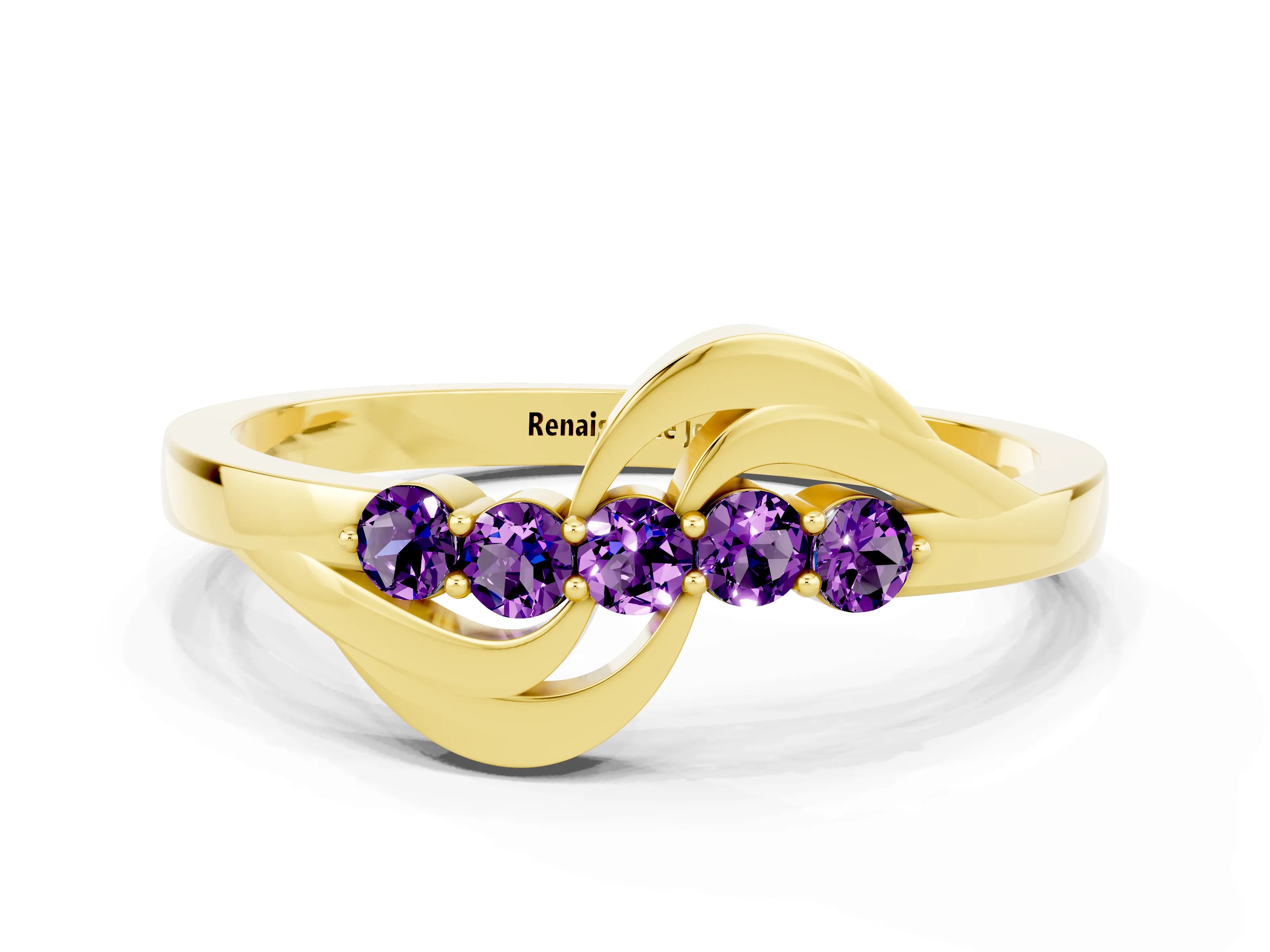 Yellow gold Five-Stone Round Amethyst Crossover Band with Prong Setting_18