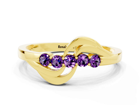 Yellow gold Five-Stone Round Amethyst Crossover Band with Prong Setting_18