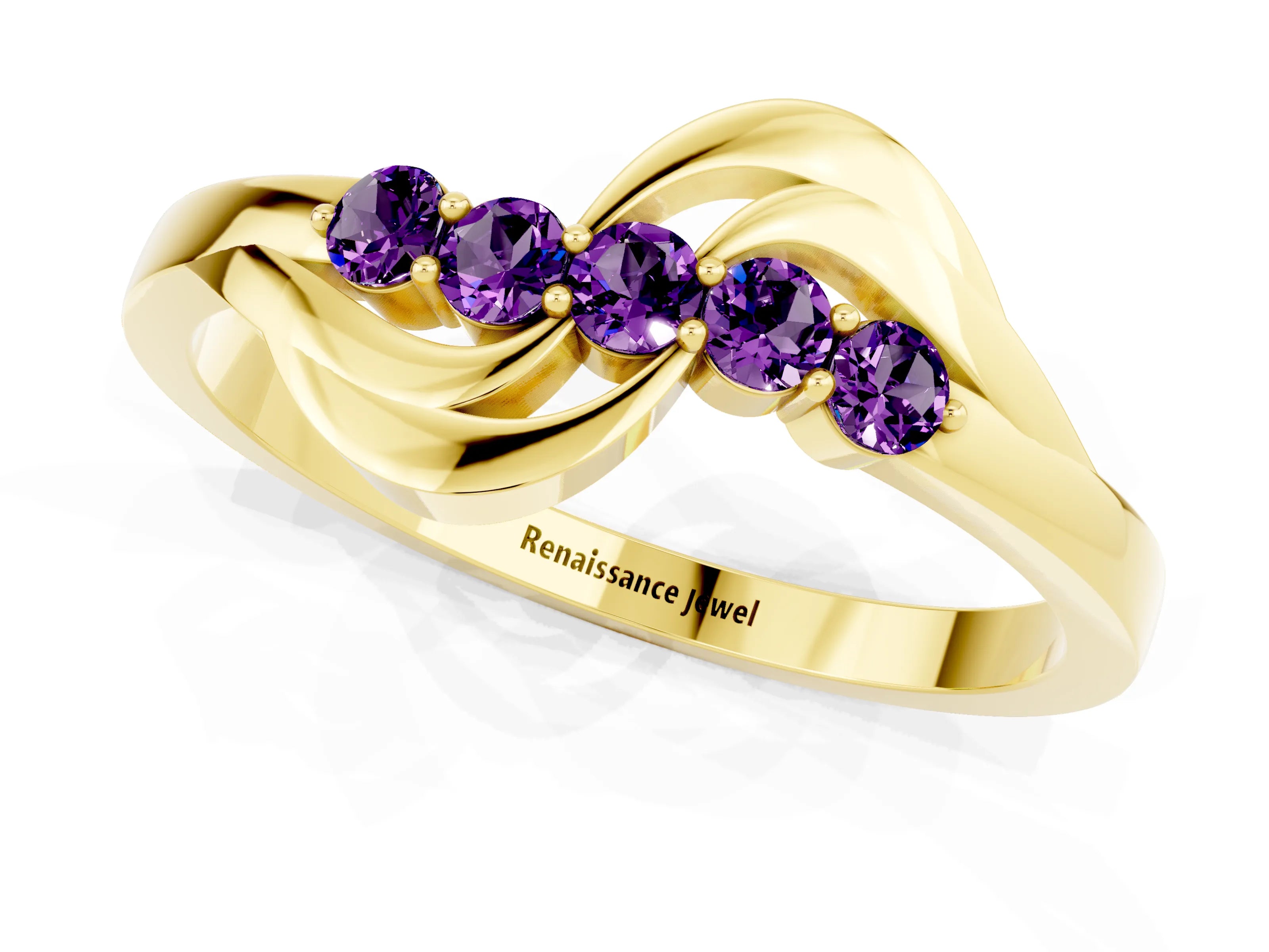 Yellow gold Five-Stone Round Amethyst Crossover Band with Prong Setting_19