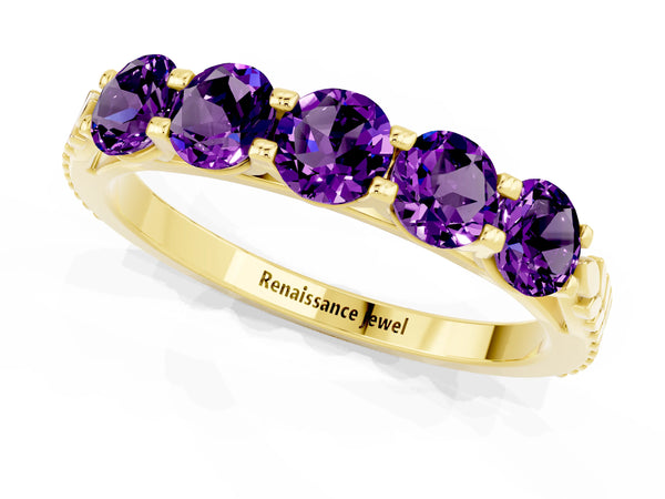 Yellow gold Five-Stone Round Amethyst Prong-Set Band