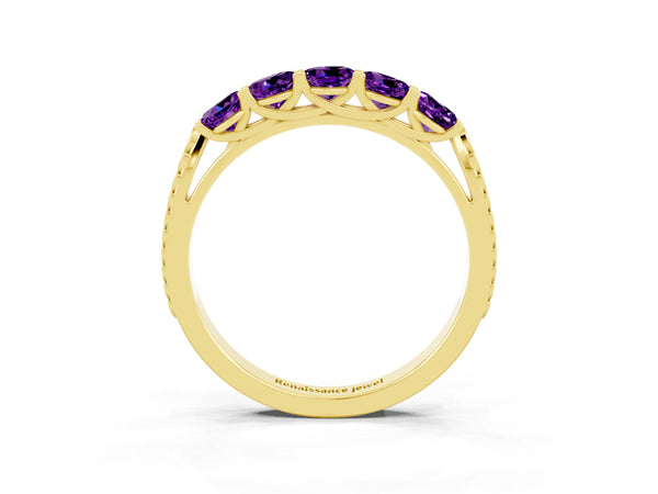 Yellow gold Five-Stone Round Amethyst Prong-Set Band