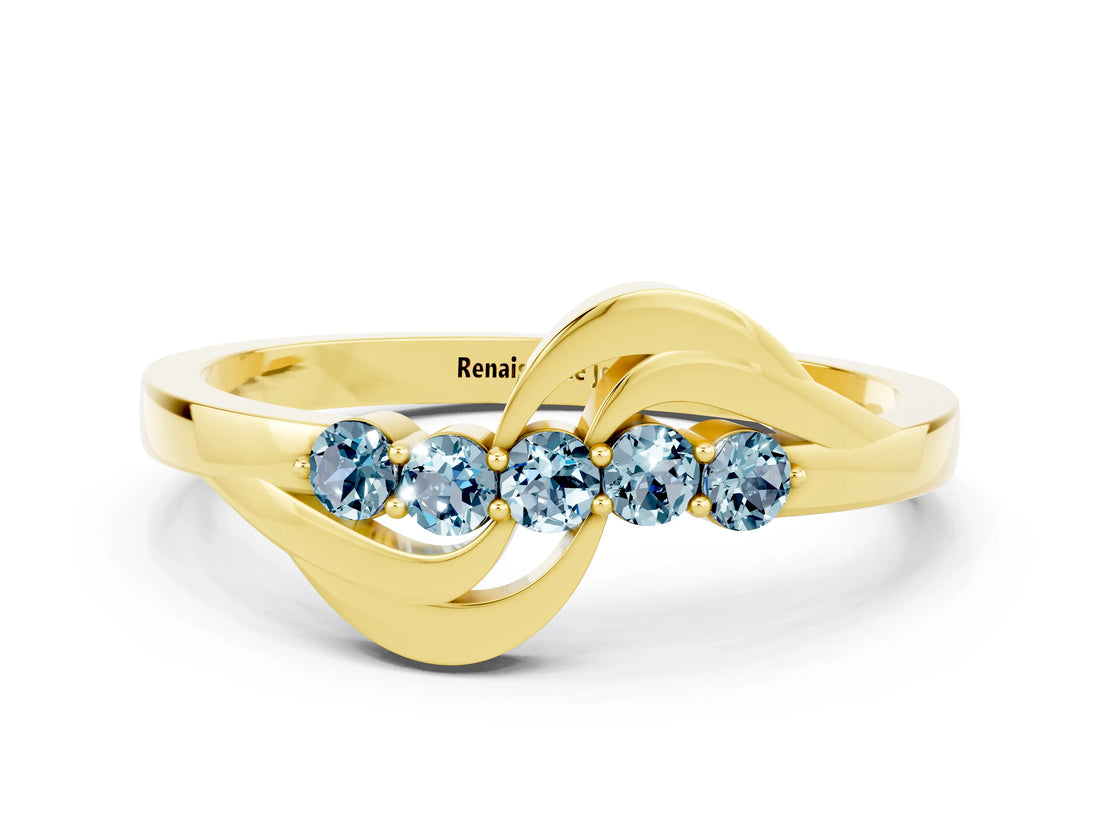 Yellow gold Five-Stone Round Aquamarine Crossover Band with Prong Setting_18