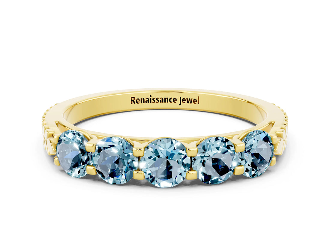 Yellow gold Five-Stone Round Aquamarine Prong-Set Band_18