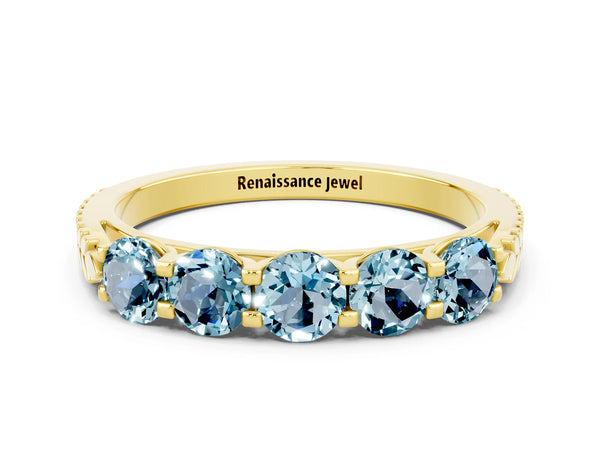 Yellow gold Five-Stone Round Aquamarine Prong-Set Band