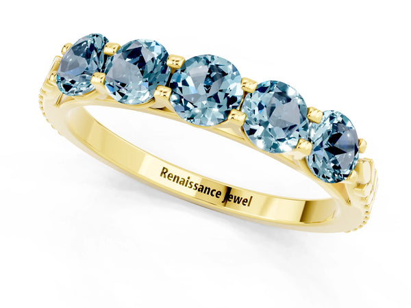 Yellow gold Five-Stone Round Aquamarine Prong-Set Band