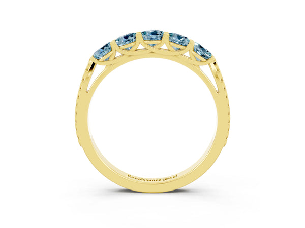 Yellow gold Five-Stone Round Aquamarine Prong-Set Band