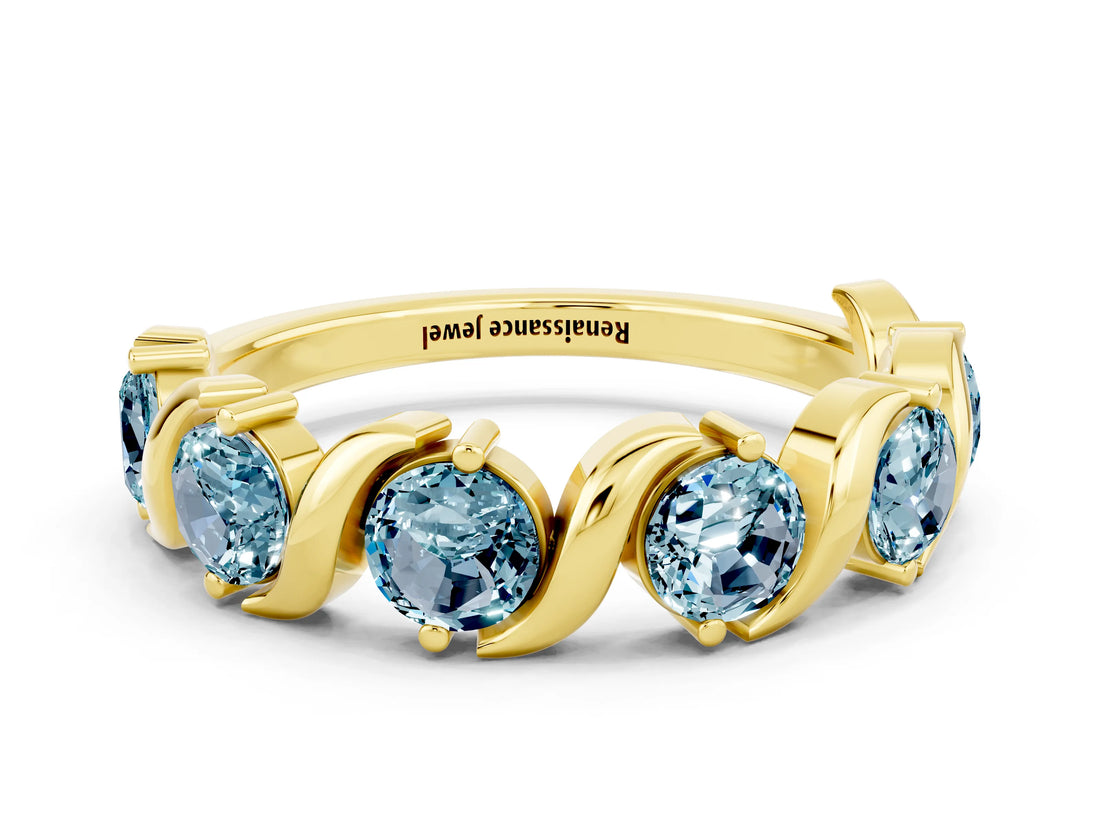 Yellow gold Five-Stone Round Aquamarine Wave Band with Shared Prong Setting_6
