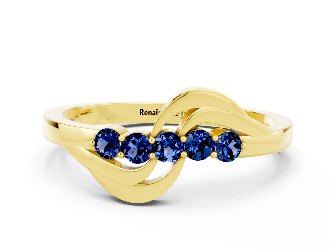 Yellow gold Five-Stone Round Blue Sapphire Crossover Band with Prong Setting_18