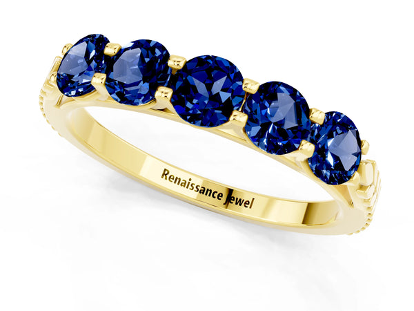 Yellow gold Five-Stone Round Blue Sapphire Prong-Set Band
