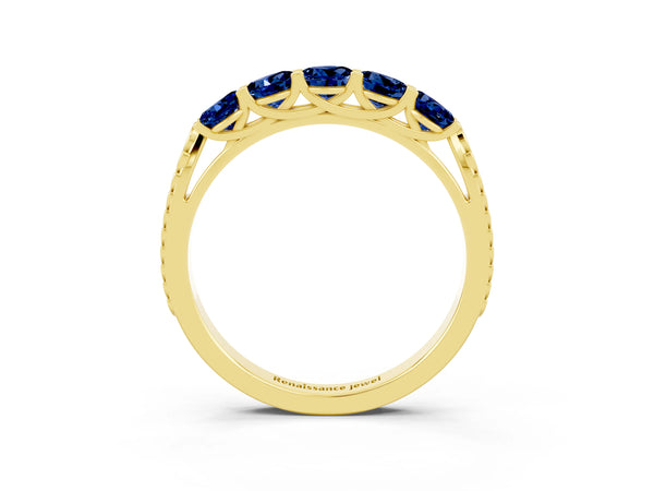 Yellow gold Five-Stone Round Blue Sapphire Prong-Set Band