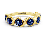 Yellow gold Five-Stone Round Blue Sapphire Wave Band with Shared Prong Setting_6