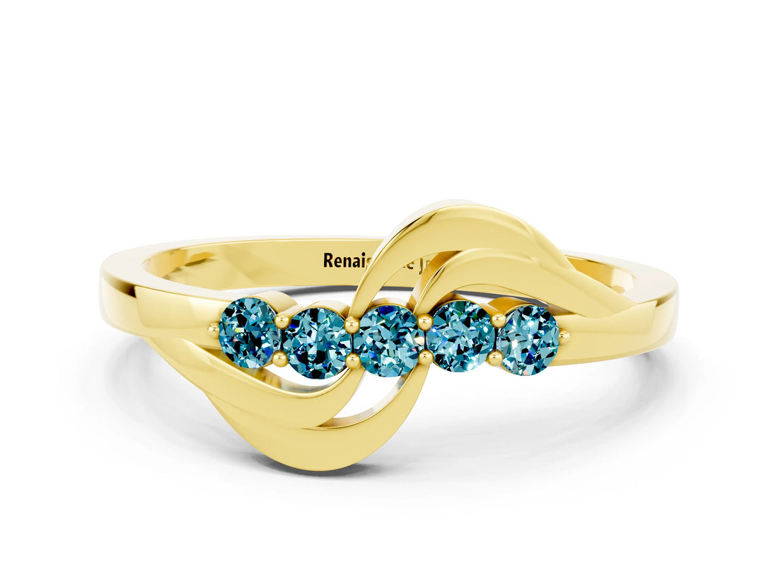 Yellow gold Five-Stone Round Blue Topaz Crossover Band with Prong Setting_18