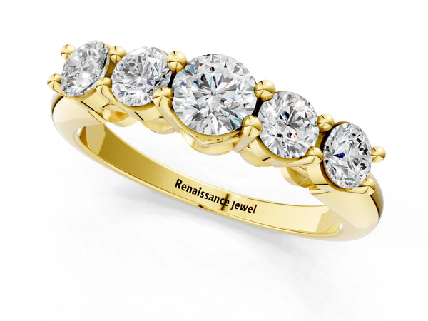Yellow gold Five-Stone Round Brilliant Diamond Prong Set White Gold Band