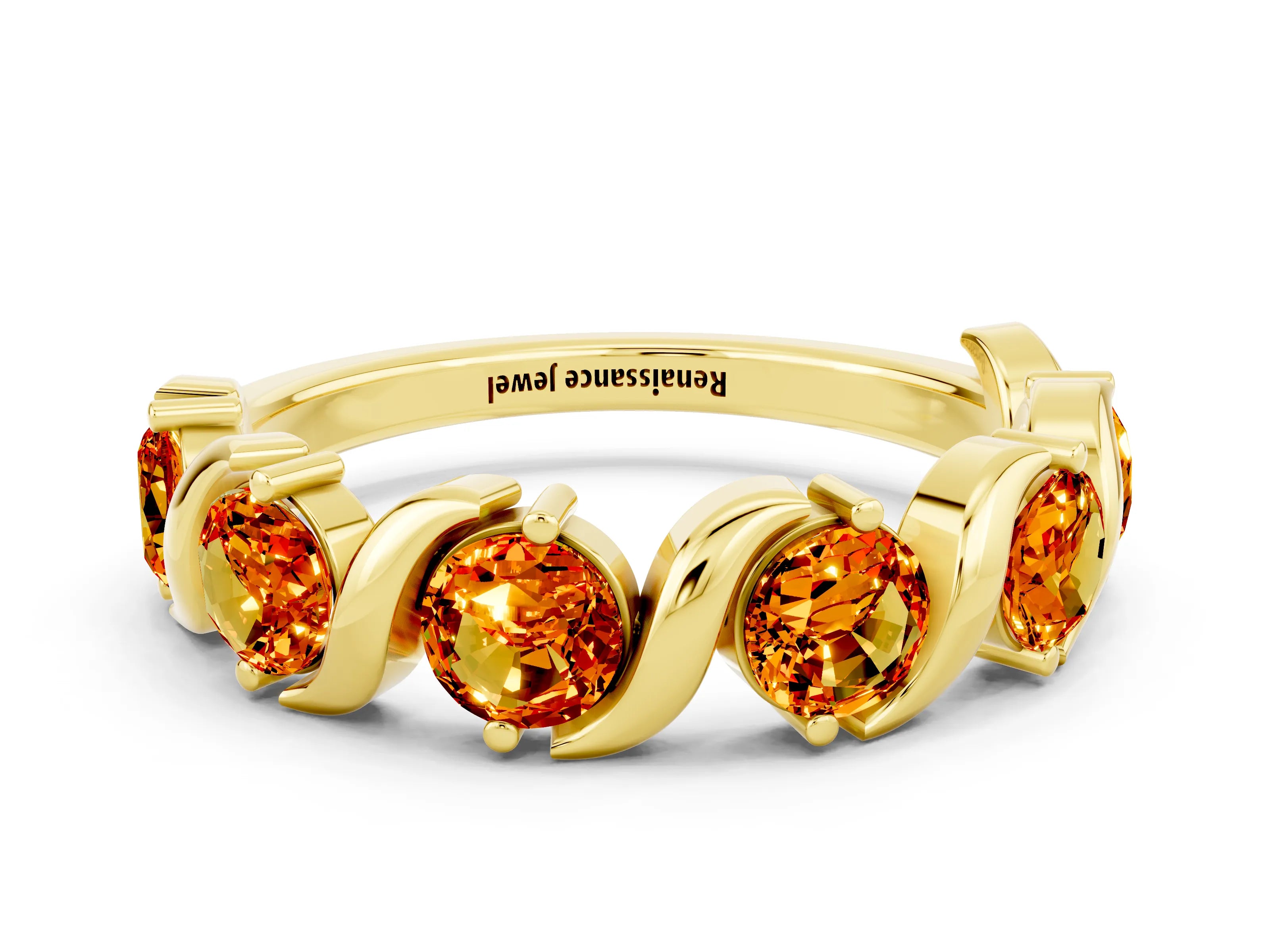 Yellow gold Five-Stone Round Citrine Wave Band with Shared Prong Setting_6