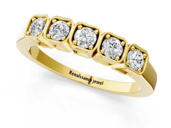 Yellow gold Five-Stone Round Diamond Bezel Set White Gold Band