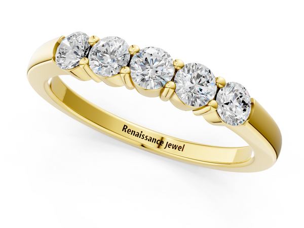 Yellow gold Five-Stone Round Diamond Channel Set Band with Shared Prong Setting