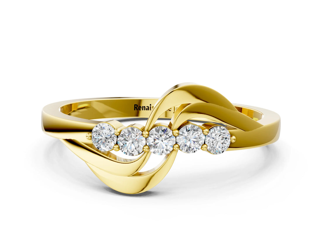 Yellow gold Five-Stone Round Diamond Crossover Band with Prong Setting_21
