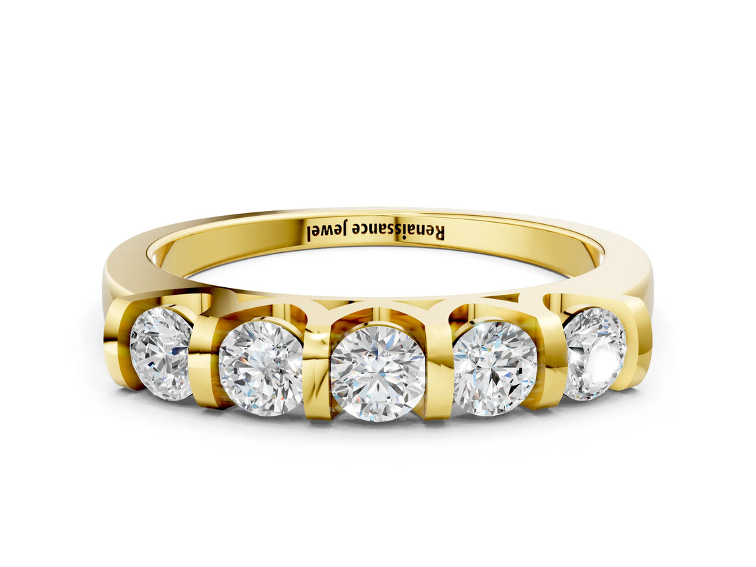 Yellow gold Five-Stone Round Diamond Half-Eternity Bar-Set Ring_4
