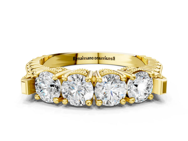 Yellow gold Five-Stone Round Diamond Shared Prong Milgrain Band