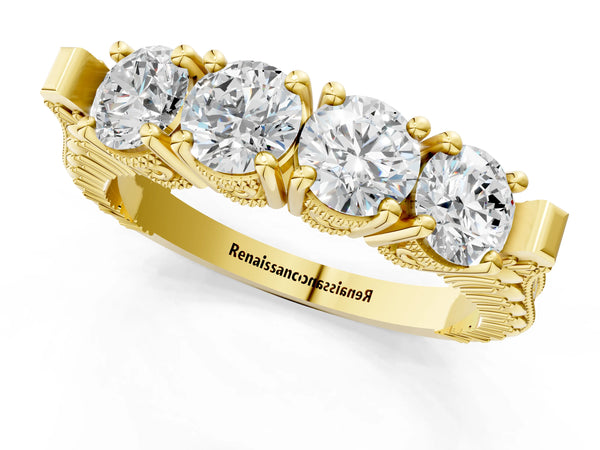 Yellow gold Five-Stone Round Diamond Shared Prong Milgrain Band