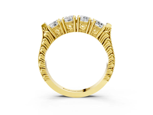 Yellow gold Five-Stone Round Diamond Shared Prong Milgrain Band