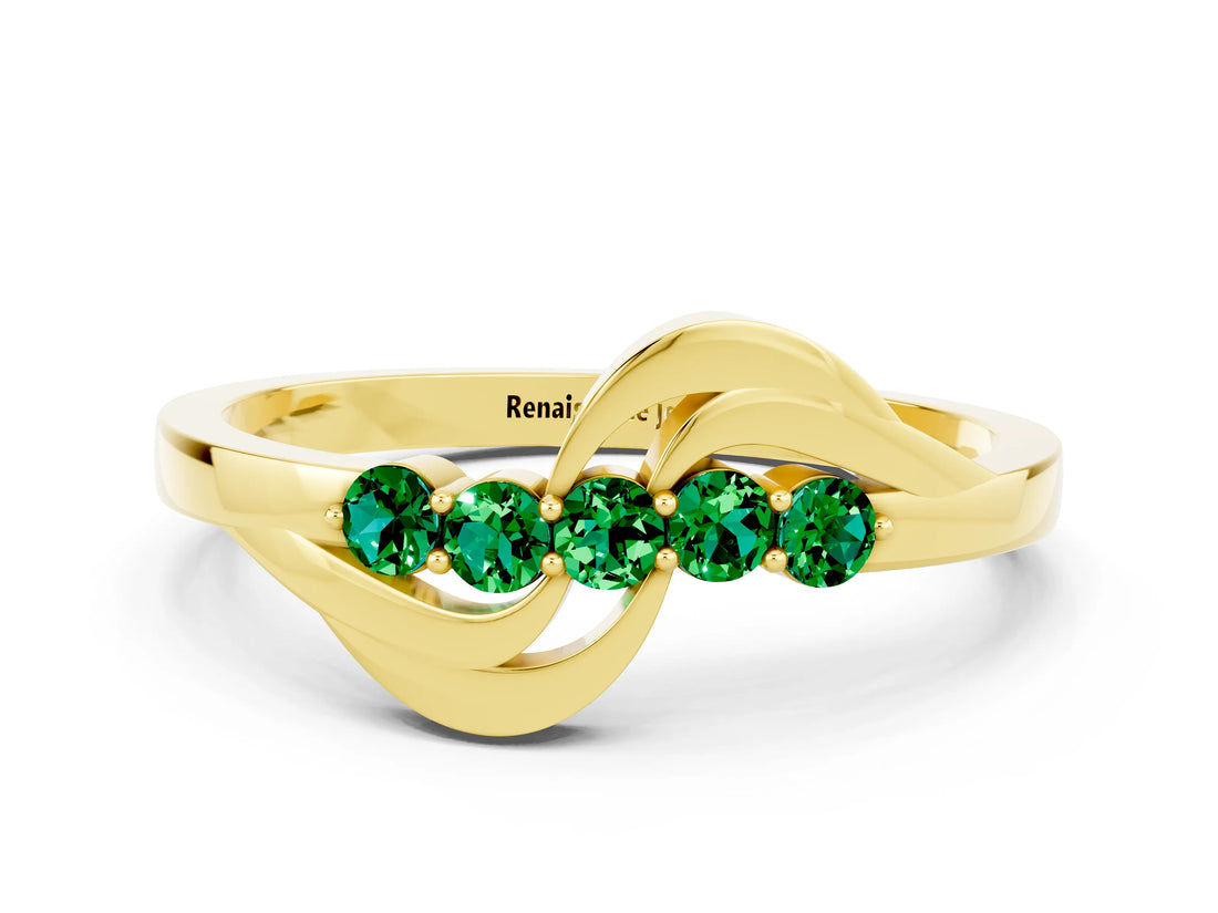 Yellow gold Five-Stone Round Emerald Crossover Band with Prong Setting_18