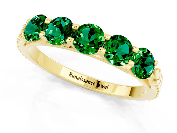Yellow gold Five-Stone Round Emerald Prong-Set Band