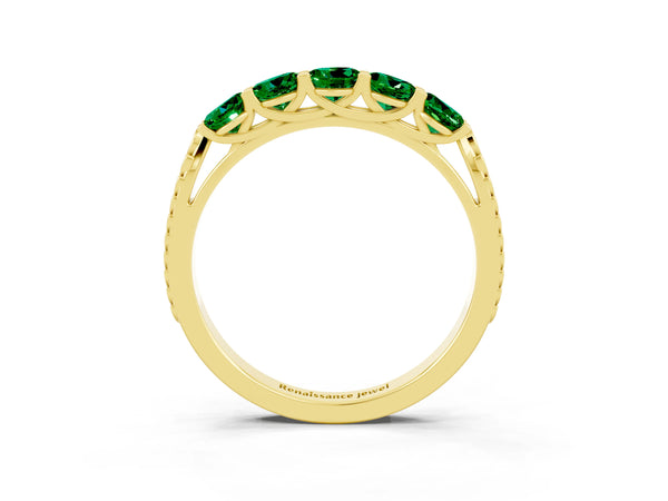Yellow gold Five-Stone Round Emerald Prong-Set Band