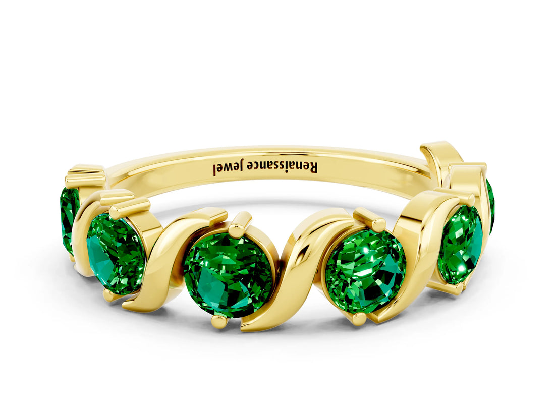 Yellow gold Five-Stone Round Emerald Wave Band with Shared Prong Setting_6