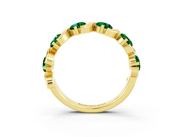 Yellow Gold Round Lab-Grown Emerald Six Stone Wave Wedding Band with S-Curve Swirls
