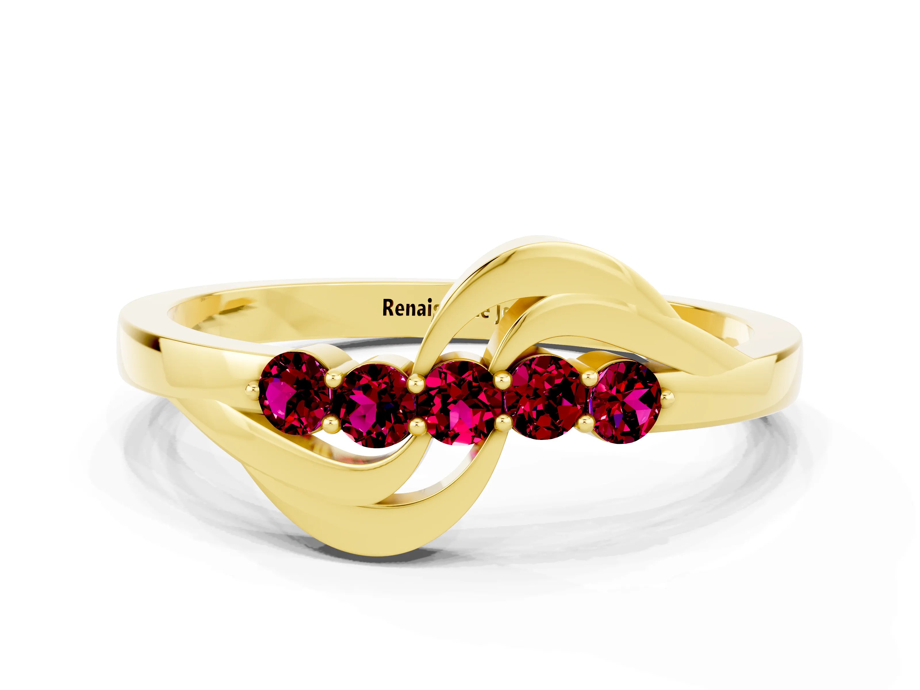 Yellow gold Five-Stone Round Garnet Crossover Band with Prong Setting_18