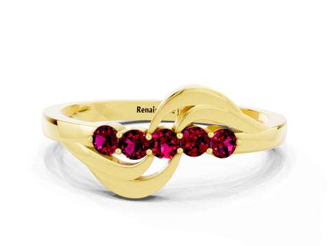 Yellow gold Five-Stone Round Garnet Crossover Band with Prong Setting_18