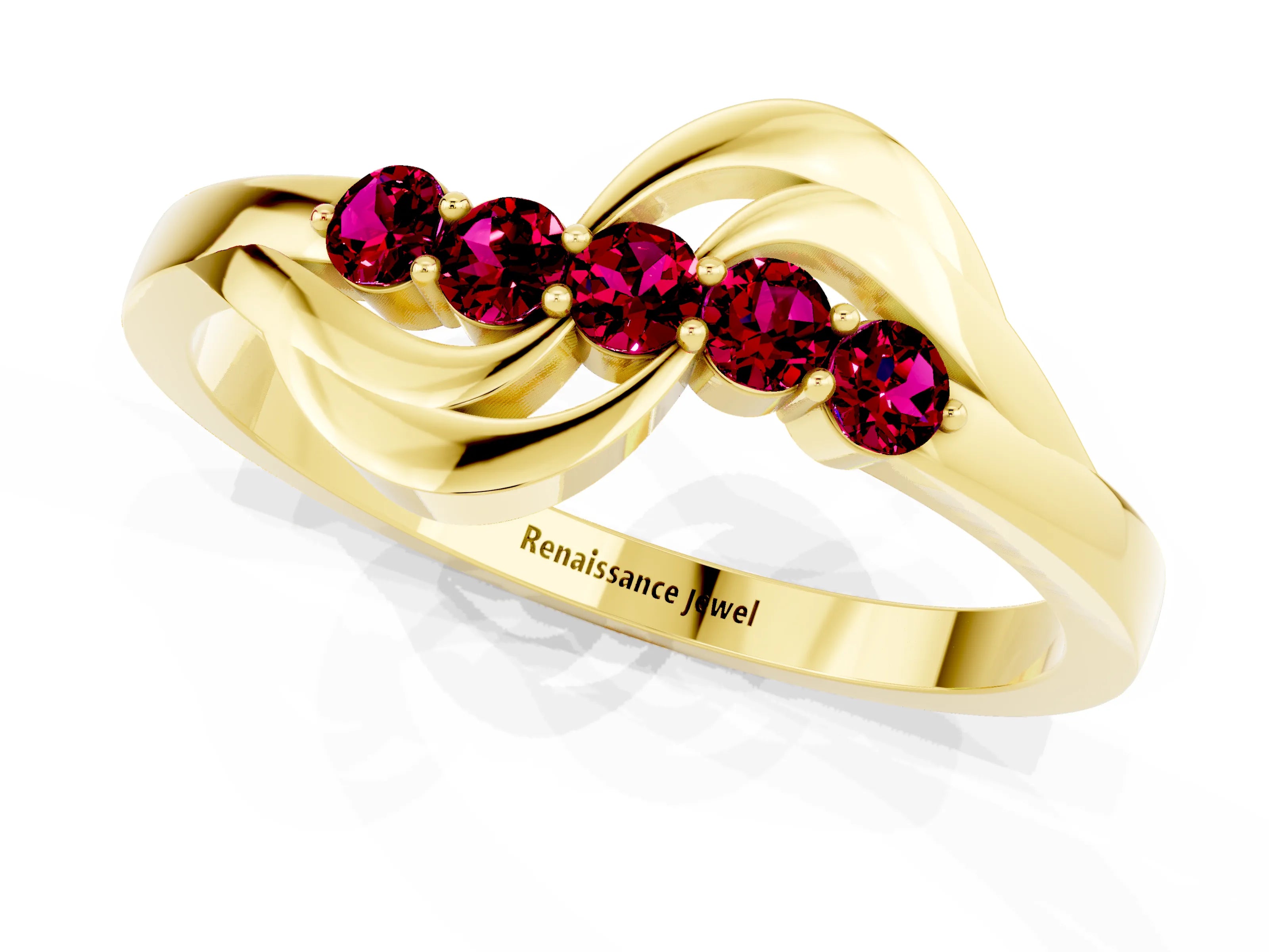 Yellow gold Five-Stone Round Garnet Crossover Band with Prong Setting_19