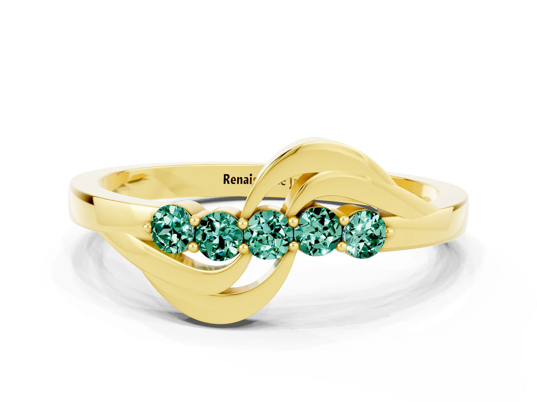 Yellow gold Five-Stone Round Green Sapphire Crossover Band with Prong Setting_18