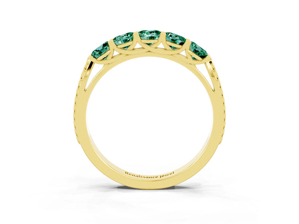 Yellow gold Five-Stone Round Green Sapphire Prong-Set Band