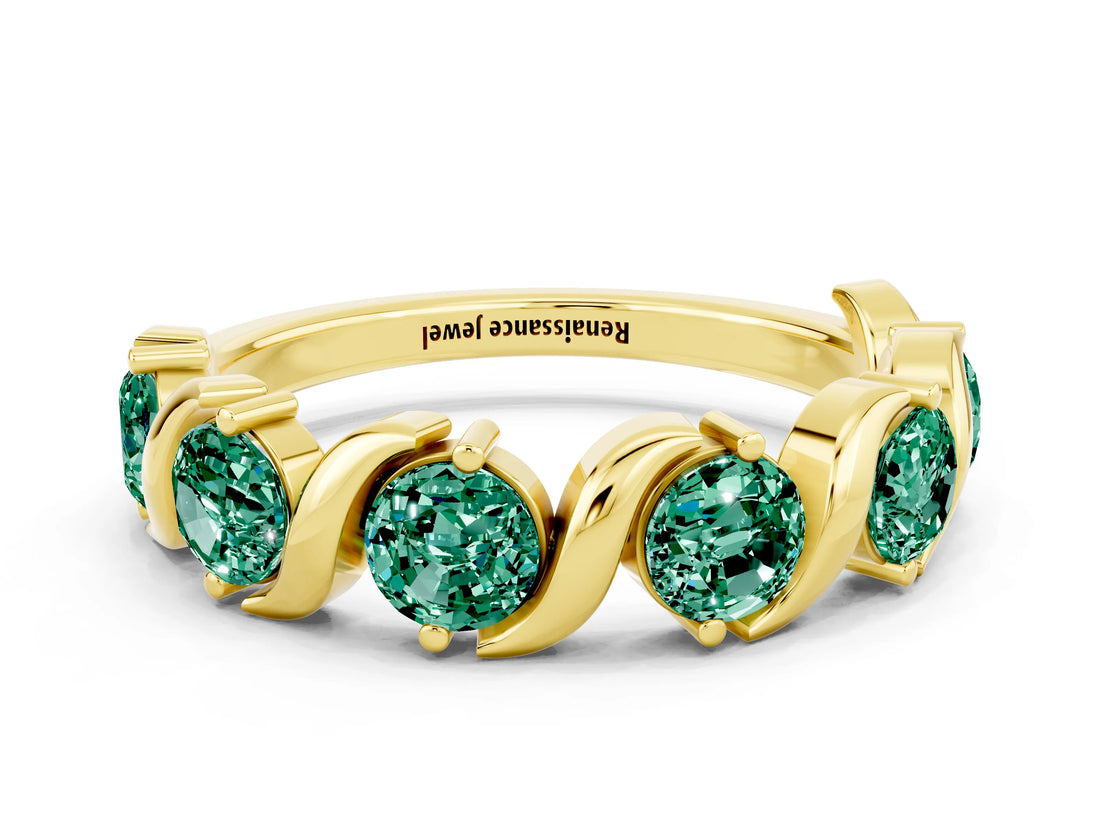 Yellow gold Five-Stone Round Green Sapphire Wave Band with Shared Prong Setting_6