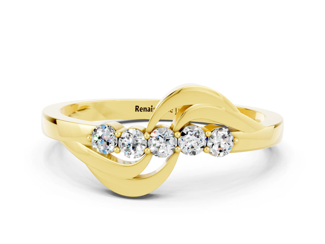 Yellow gold Five-Stone Round Moissanite Crossover Band with Prong Setting_18